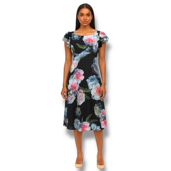 Adrianna Papell Black Floral Flutter Sleeves Midi Dress – Size 8 - Picture 1 of 13